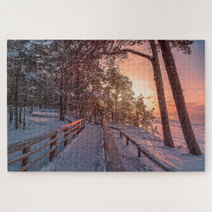 Winter sunset in pine forest near sea jigsaw puzzl jigsaw puzzle