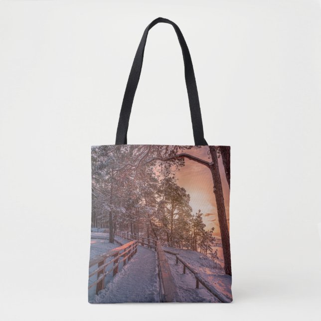 Winter sunset in pine forest near sea tote bag (Front)