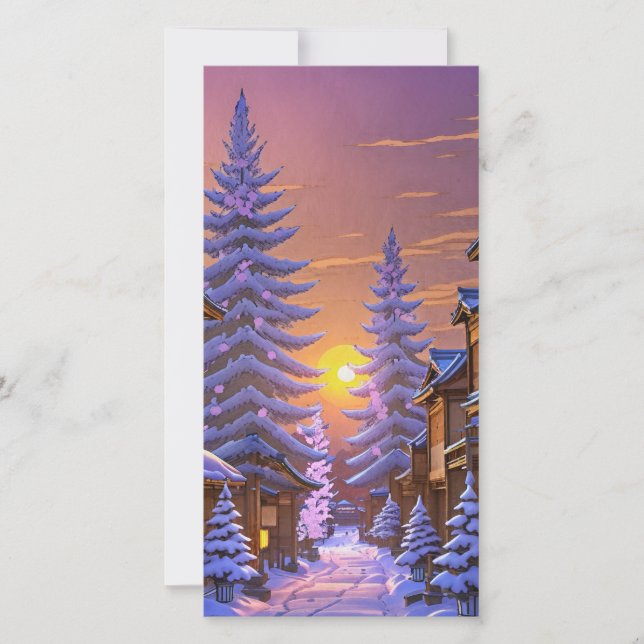 Winter Sunset in Traditional Japanese Village Holiday Card (Front)