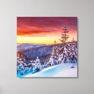 Winter Sunset Mountains Scene Canvas Art