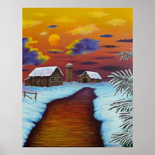 Winter Sunset Scenic Barn Sunset Poster Print