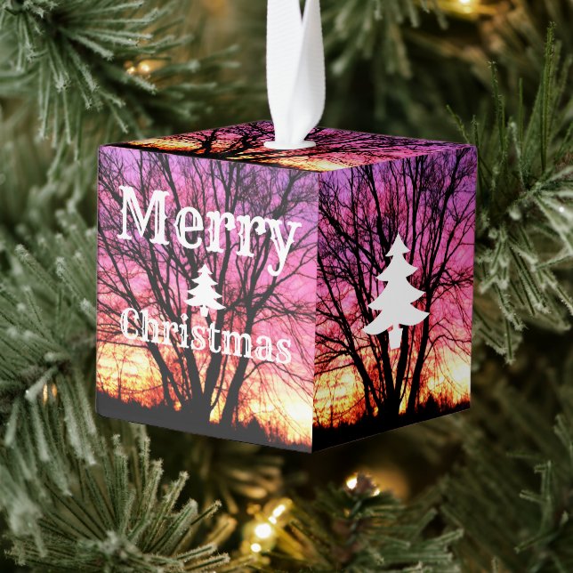 Winter Sunset Tree Merry Christmas Cube Ornament (Tree)