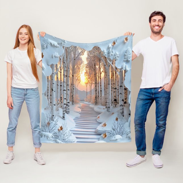 Winter Sunset White Birch Forest Fleece Blanket (In Situ)