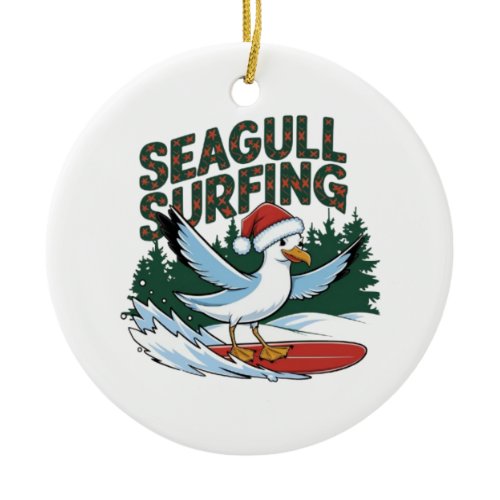 Winter Surfer Seagull, Christmas Seagull  Ceramic Ornament