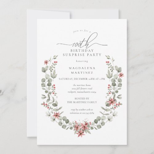 Winter Surprise Party Greenery 100th Birthday Invitation