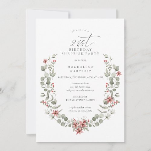 Winter Surprise Party Greenery 21st Birthday Invitation