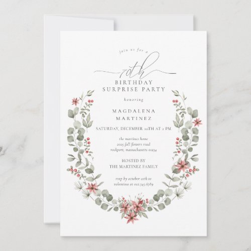 Winter Surprise Party Greenery 70th Birthday Invitation