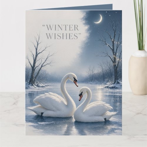 Winter Swan Christmas ,Moonlit Lake Holiday design Card