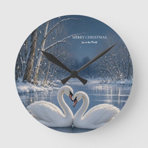Winter Swan Christmas, Moonlit Lake Holiday design Round Clock