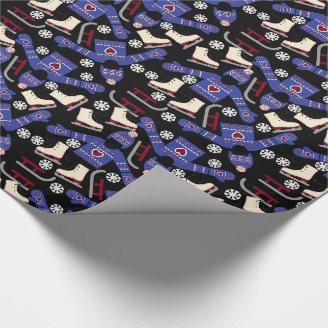 Winter Sweater Sets and Skates on Black Wrapping Paper (Corner)