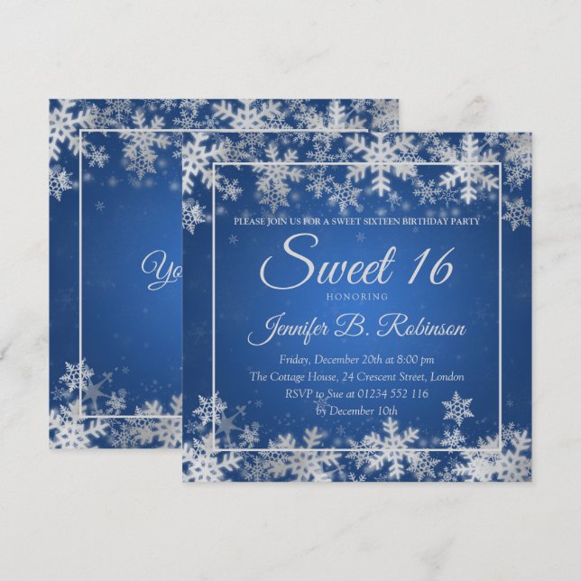 Winter Sweet 16 Birthday Blue Silver Snowflakes Invitation (Front/Back)