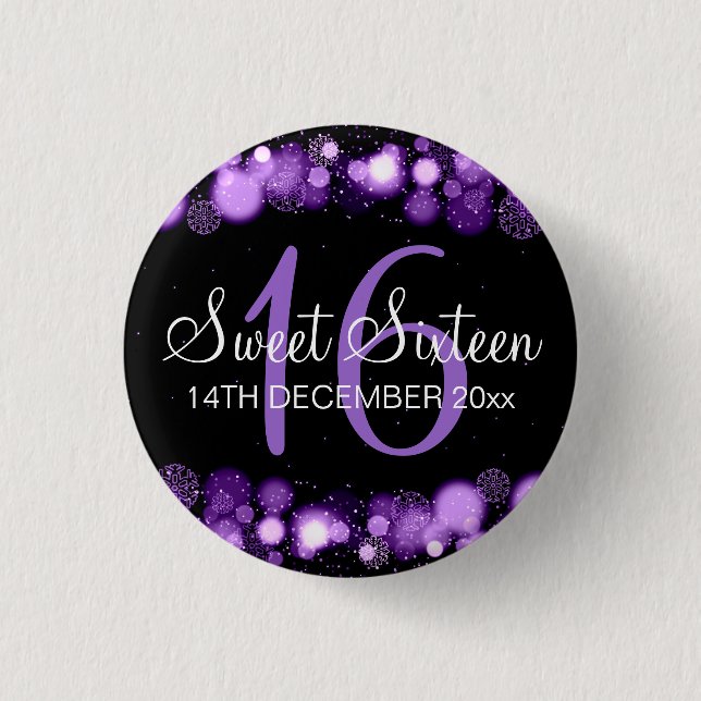 Winter Sweet 16 Birthday Party Purple Bokeh Lights Button (Front)