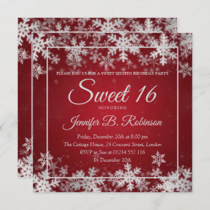 Winter Sweet 16 Birthday Red Silver Snowflakes Invitation