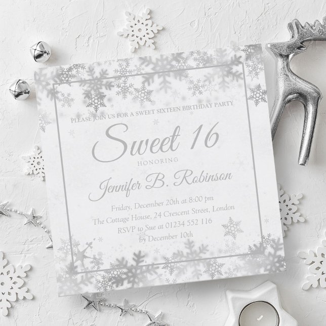 Winter Sweet 16 Birthday Silver Foil Snowflakes Invitation (Winter Sweet 16 Birthday Silver Foil Snowflakes Invitation)