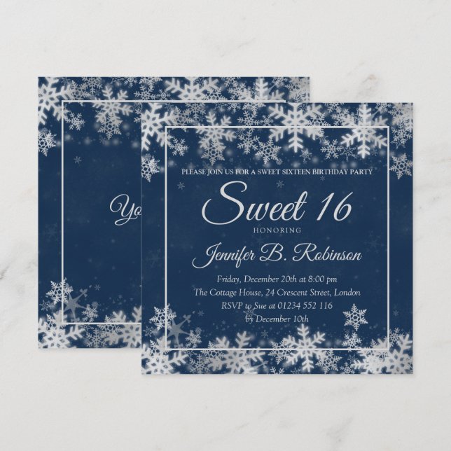 Winter Sweet 16 Birthday Silver Navy Snowflakes Invitation (Front/Back)