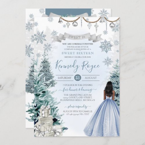 Winter Sweet 16 Holiday Birthday Silver Blue Snow Invitation