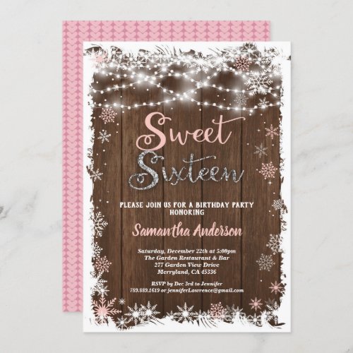 Winter sweet 16 sixteen snowflake rustic wood invitation