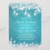 Winter Sweet 16 Sixteen Turquoise Snowflake Lights Invitation (Front/Back)