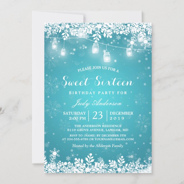 Winter Sweet 16 Sixteen Turquoise Snowflake Lights Invitation (Front)