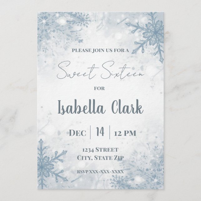 Winter Sweet Sixteen Invitation – Soft Snowflakes (Front)