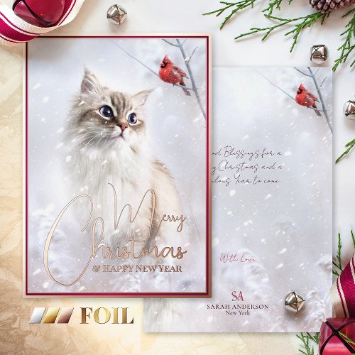 Winter Tales Kitten  Red Cardinal Bird in Snow _ Foil Holiday Card