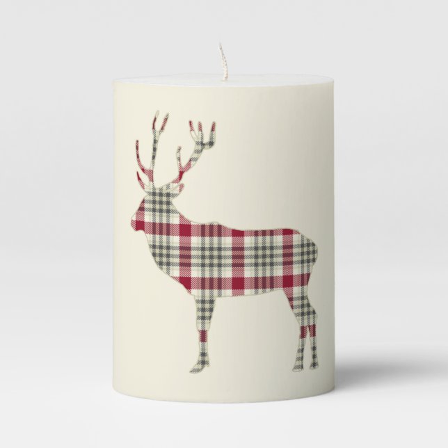 Winter Tartan Plaid Deer Rustic Country Pillar Candle (Front)