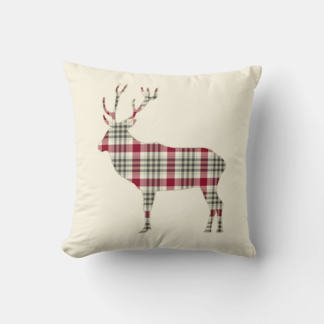 Winter Tartan Plaid Deer Throw Pillow (Front)