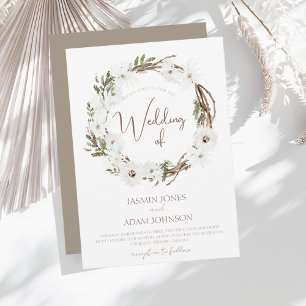 Winter Taupe and White Christmas Wreath Wedding Invitation