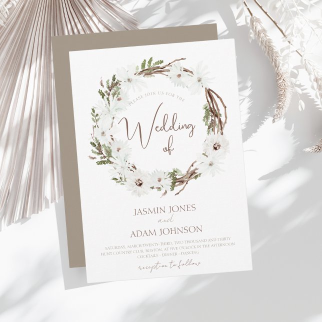 Winter Taupe and White Christmas Wreath Wedding Invitation (Creator Uploaded)