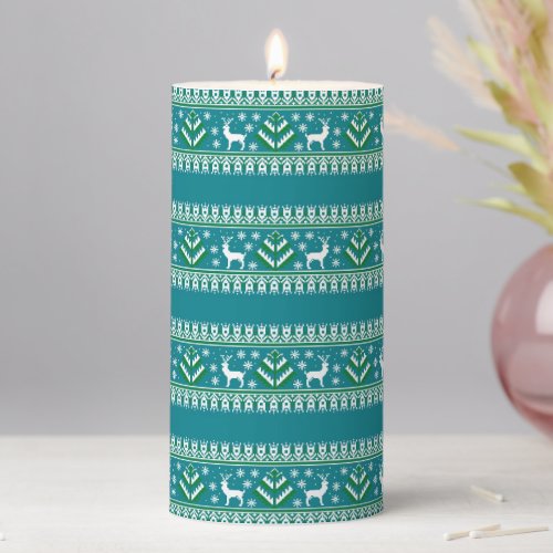 Winter Teal and Green Christmas Fair Isle Pillar Candle