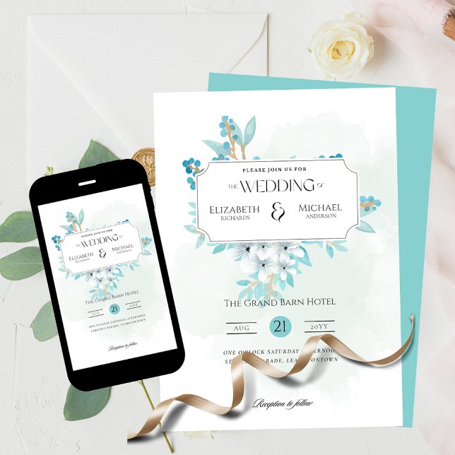 Winter Teal Floral Print or Digital Wedding Invitation (Creator Uploaded)