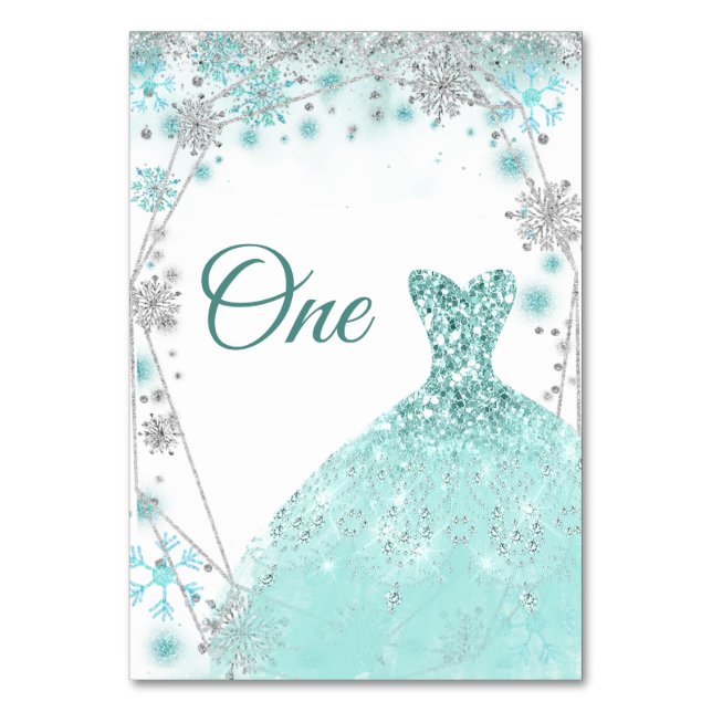 Winter Teal Silver Snowflake Quinceañera Table Number (Front)