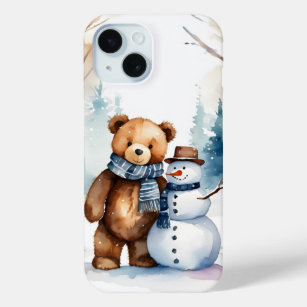 Winter Teddy Bear And Snowman iPhone 15 Case