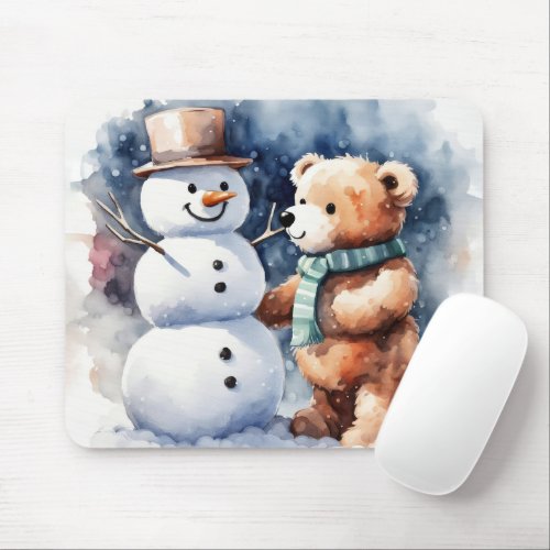 Winter Teddy Bear And Snowman Mouse Pad