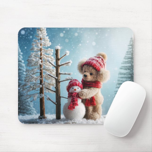 Winter Teddy Bear and Snowman Mouse Pad (With Mouse)