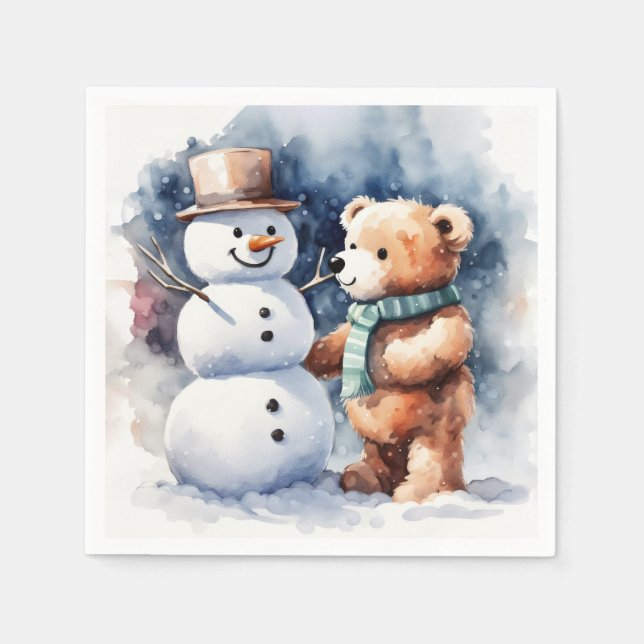 Winter Teddy Bear And Snowman Napkins (Front)