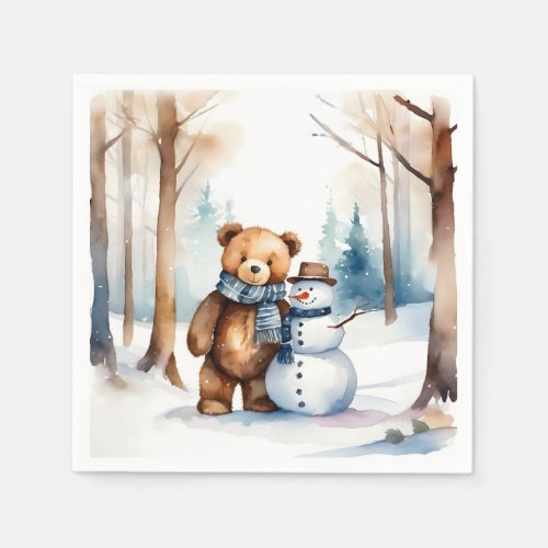 Winter Teddy Bear And Snowman Napkins