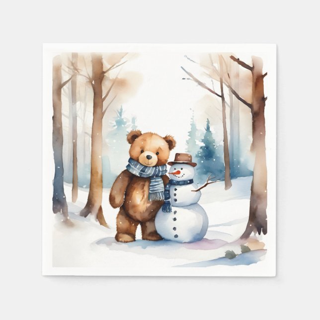 Winter Teddy Bear And Snowman Napkins (Front)