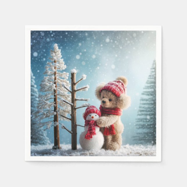 Winter Teddy Bear and Snowman Napkins (Front)