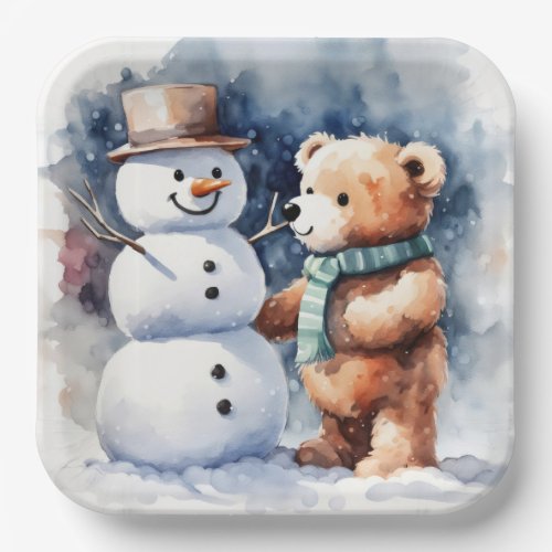 Winter Teddy Bear And Snowman Paper Plates