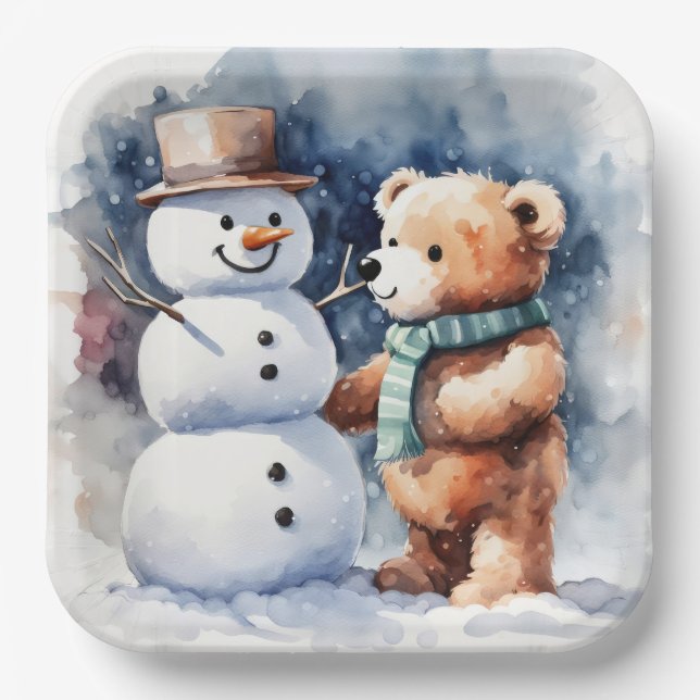 Winter Teddy Bear And Snowman Paper Plates (Front)