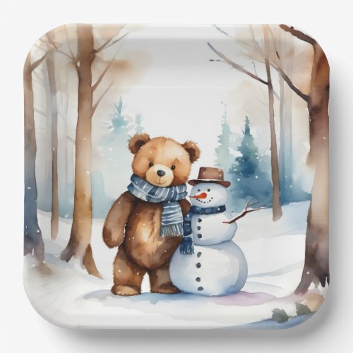Winter Teddy Bear And Snowman Paper Plates