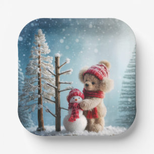 Winter Teddy Bear and Snowman Paper Plates