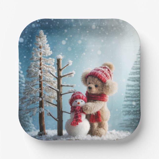 Winter Teddy Bear and Snowman Paper Plates (Front)