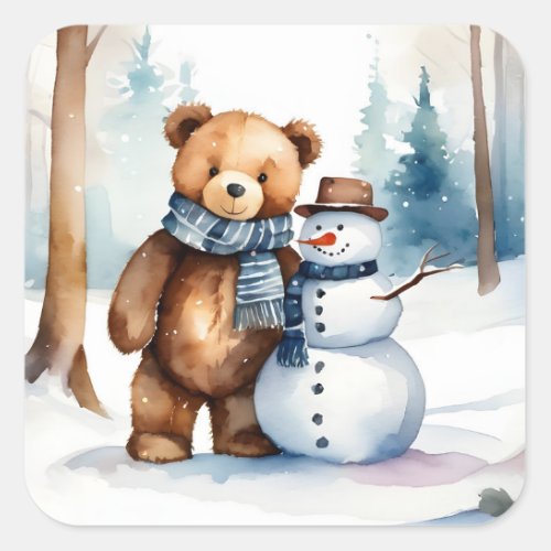 Winter Teddy Bear And Snowman Square Sticker