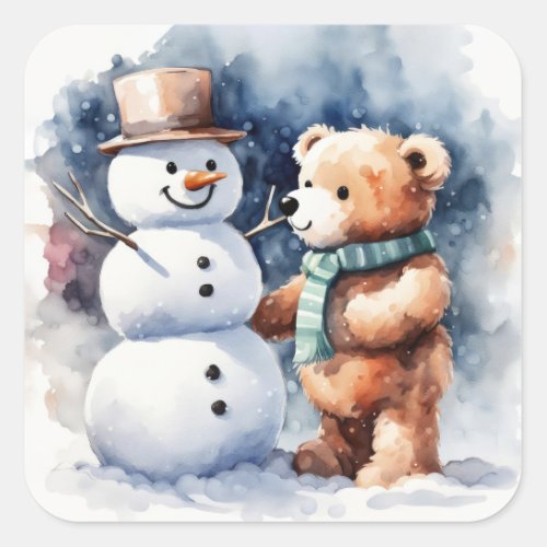 Winter Teddy Bear And Snowman Square Sticker