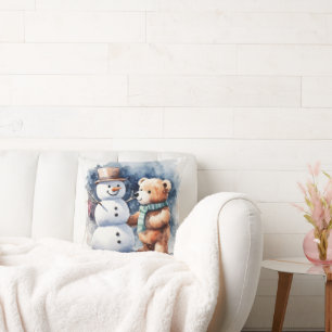 Winter Teddy Bear And Snowman Throw Pillow