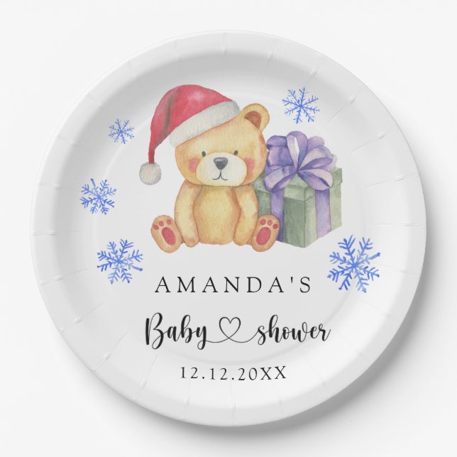 Winter teddy bear Baby Shower Paper Plates (Front)