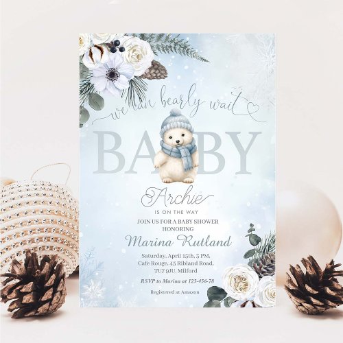 Winter Teddy Bear Boy Baby Shower  Invitation