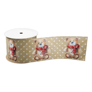 Winter Teddy Bear On Polka Dots Satin Ribbon